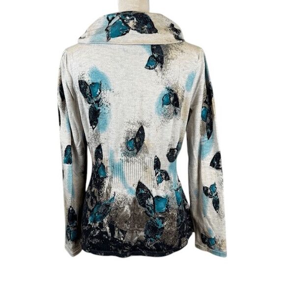 Nic + Zoe Peplum Button Front Cardigan Aqua Leaf Print on Cream Size Large - Picture 3 of 11